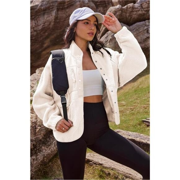 Womens Fuzzy Fleece Jacket Button Down Sherpa Coats Casual Winter Warm Outerwear - Picture 4 of 7